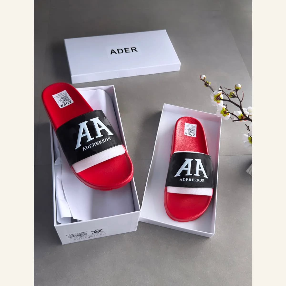 Red-and-Black Slide Sandals