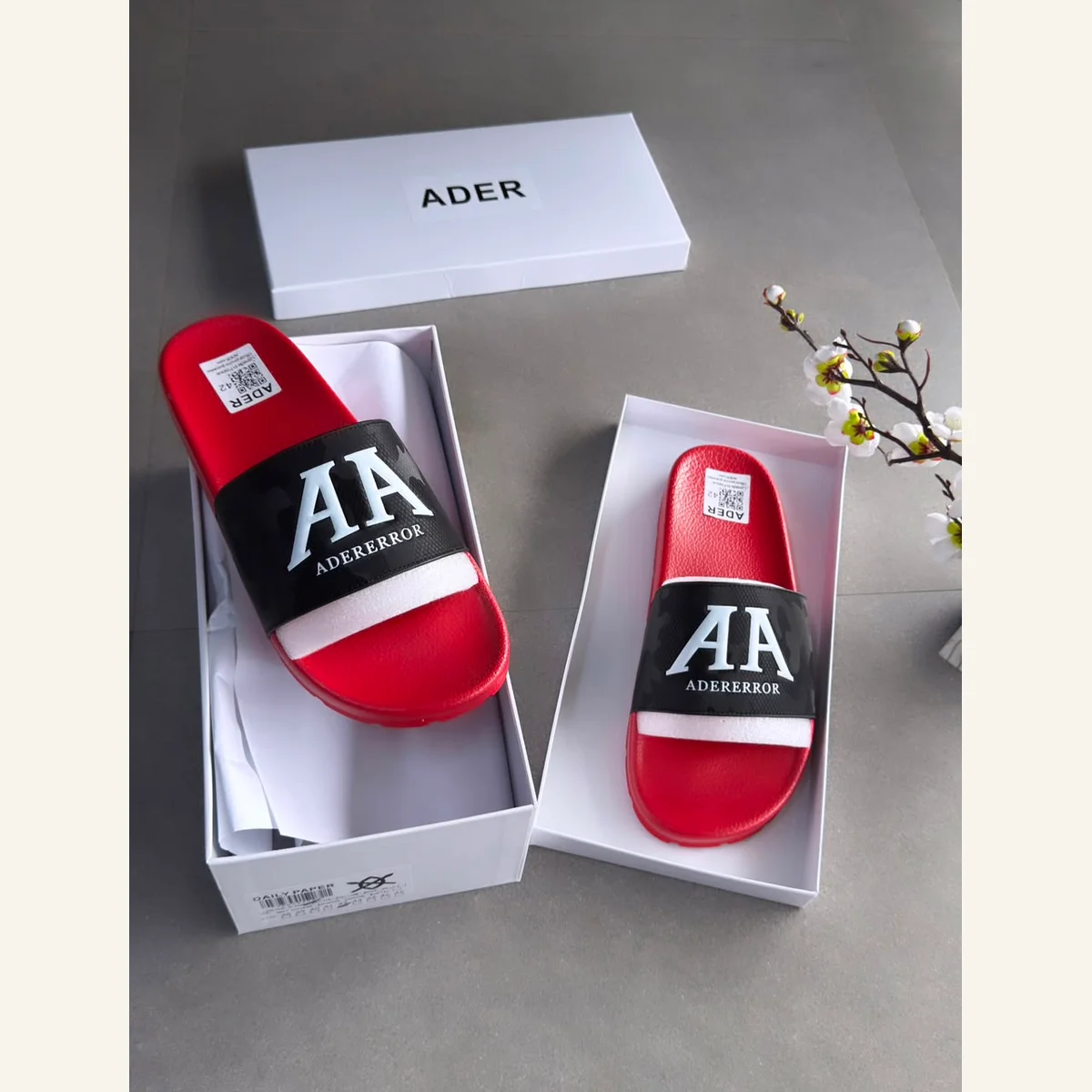 Red-and-Black Slide Sandals