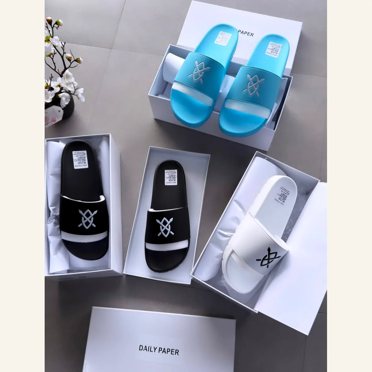Blue-and-Black Slide Sandals